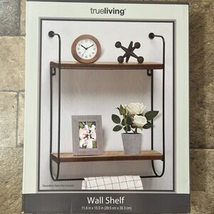 True Living 2 Tier Wall Shelf  Wood with Black Metal  11.6 in x 15.5 in